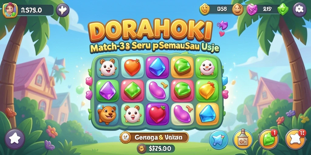 Gameplay DORAHOKI dengan warna-warni yang cerah dan simbol match-3.