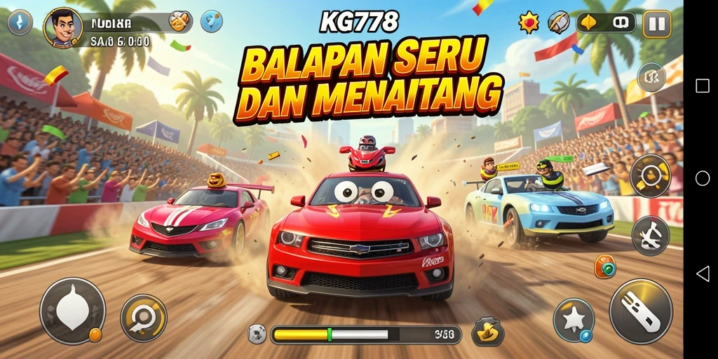 Screenshot menampilkan aksi balapan seru dengan mobil yang melaju kencang.