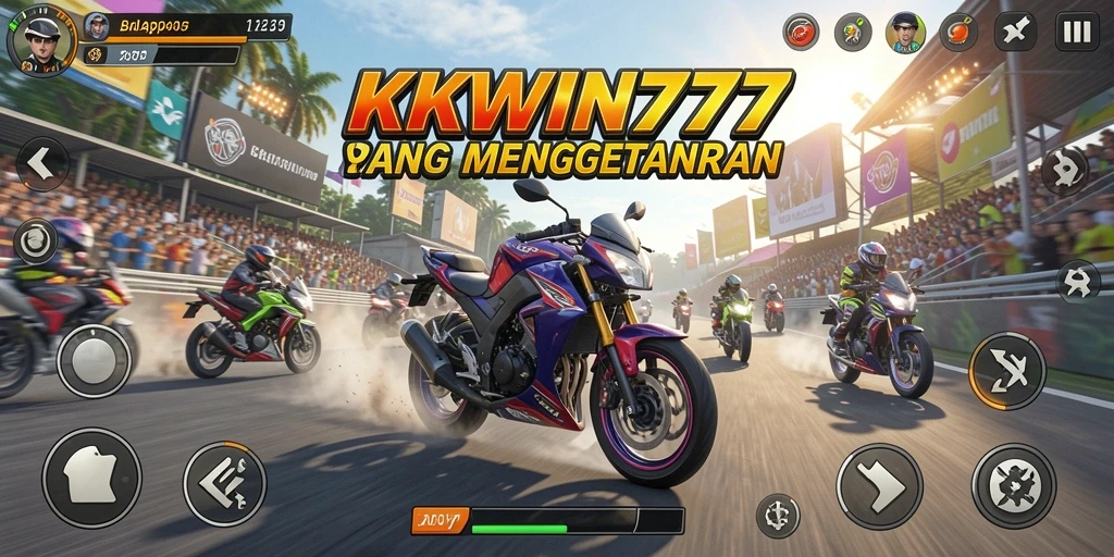 Tampilan gameplay mendebarkan dari KKWIN777 saat balapan motor.