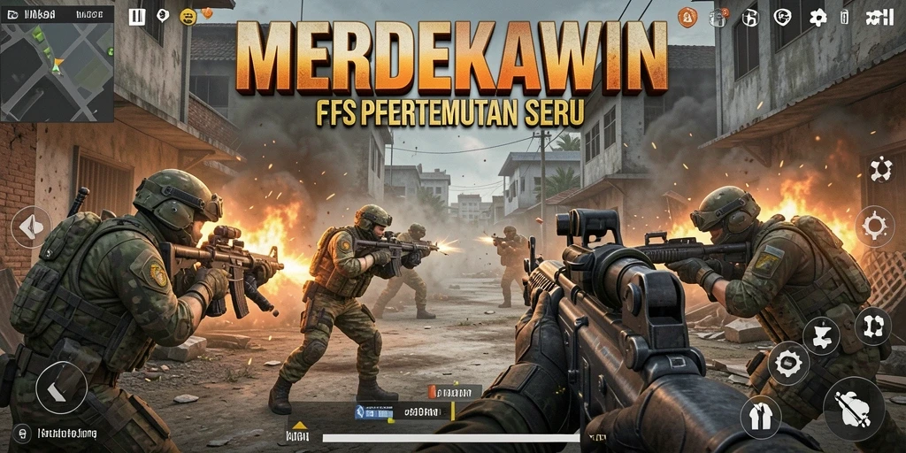 Screenshot gameplay MERDEKAWIN menunjukkan pertempuran seru dan grafis yang menawan.