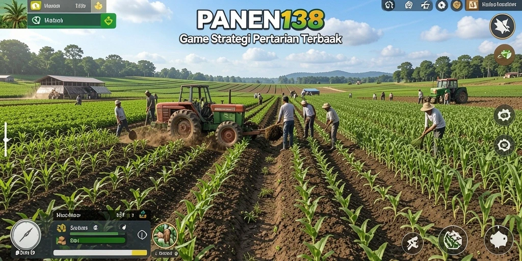 Tangkapan layar utama PANEN138 menunjukkan keseruan dan strategi dalam pengelolaan pertanian.