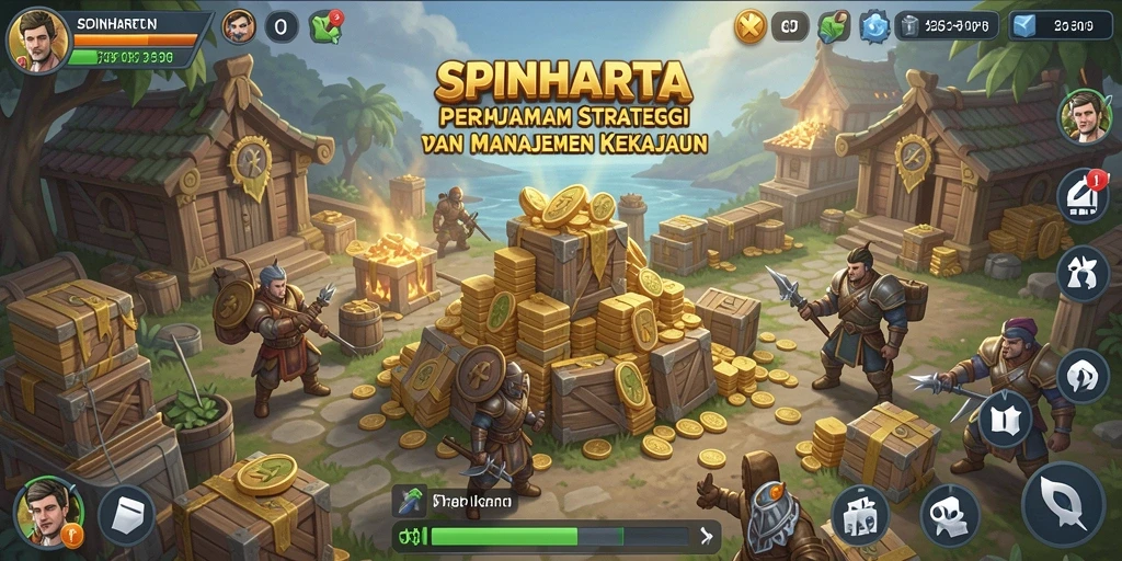 Tangkapan layar gameplay SPINHARTA yang menunjukkan strategi dan manajemen kerajaan.