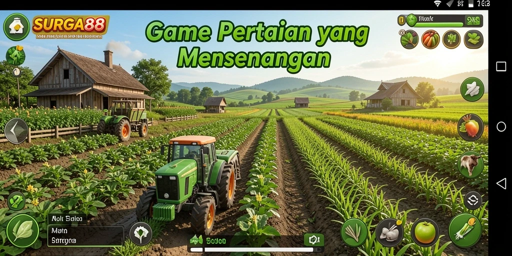 Tangkapan layar gameplay <strong>SURGA88</strong> menampilkan suasana pertanian yang indah dan aktivitas bertani yang menarik.