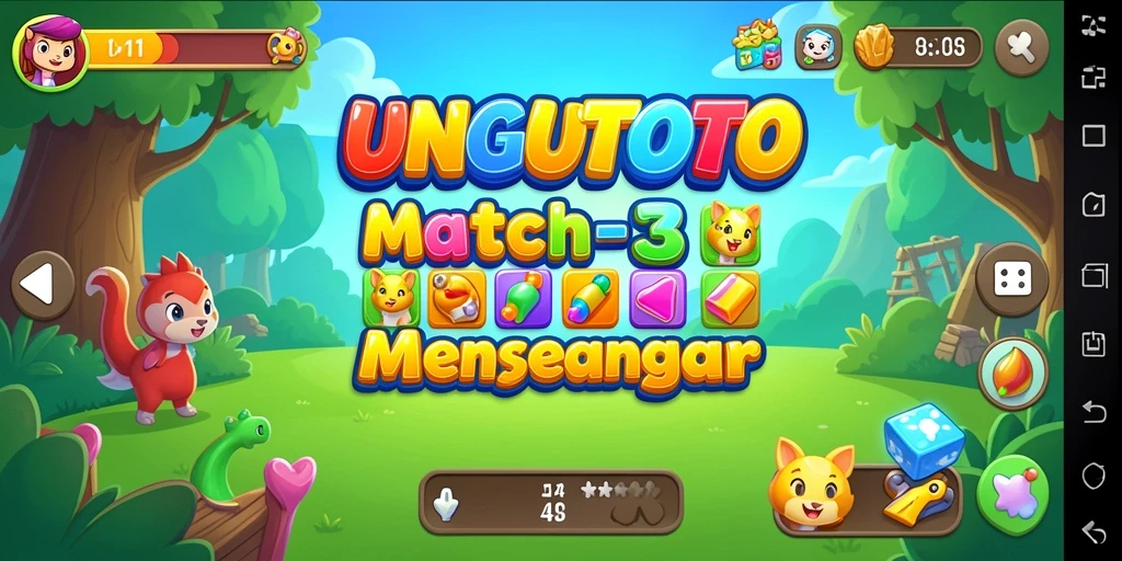 Tampilan gameplay UNGUTOTO dengan permata warna-warni yang menawan.